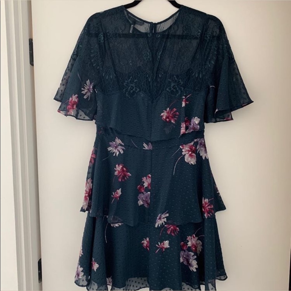 BCBGMAXAZRIA GROUP floral lace ruffle mini dress